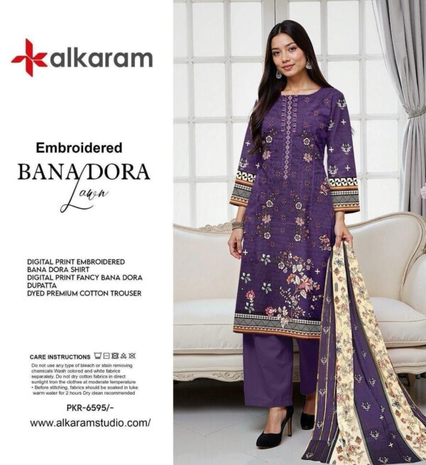 Al-Karam Elegant 3-Piece Unstitched Lawn – Fancy Shawl Dupatta