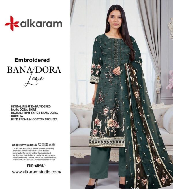 Al-Karam Elegant 3-Piece Unstitched Lawn – Fancy Shawl Dupatta