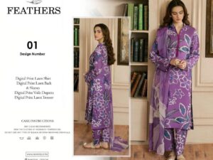 Feathers Lawn Collection 2025 – Digital Printed Lawn Suit with Voile Dupatta