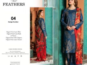 Feathers Lawn Collection 2025 – Digital Printed Lawn Suit with Voile Dupatta