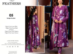 Feathers Lawn Collection 2025 – Digital Printed Lawn Suit with Voile Dupatta (Copy)
