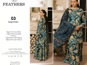 Feathers Lawn Collection 2025 – Digital Printed Lawn Suit with Voile Dupatta