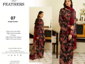 Feathers Lawn Collection 2025 – Digital Printed Lawn Suit with Voile Dupatta