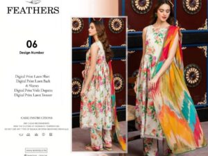 Feathers Lawn Collection 2025 – Digital Printed Lawn Suit with Voile Dupatta
