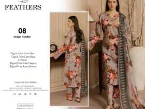 Feathers Lawn Collection 2025 – Digital Printed Lawn Suit with Voile Dupatta