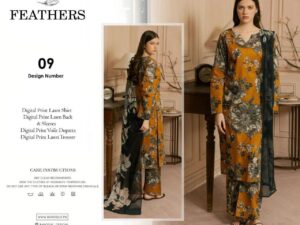 Feathers Lawn Collection 2025 – Digital Printed Lawn Suit with Voile Dupatta