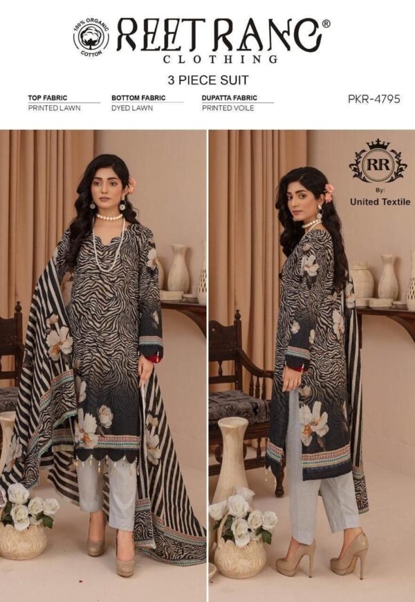 Reet Rang Lawn Suit 2025 – Digital Printed Shirt, Dyed Trouser & Voile Dupatta | Premium 3pc